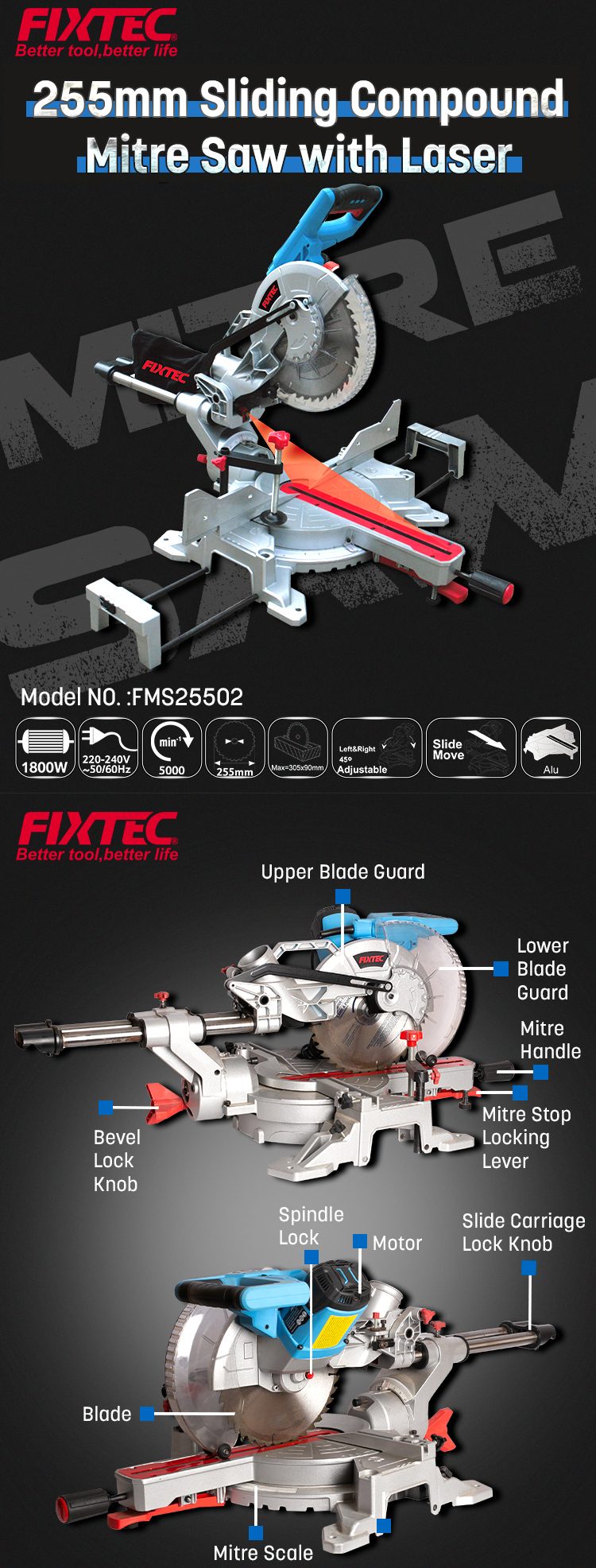 Fixtec Mm Sliding Compound Mitre Saw With Laser